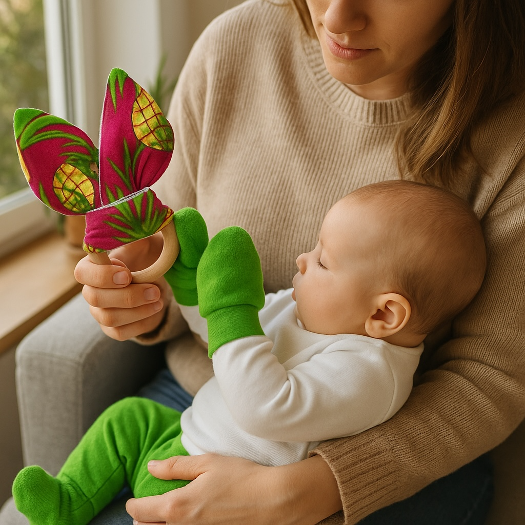 Baby Gift Set – Fabric Bunny Ear Wooden Teether & No-Scratch Cotton Mittens 0–6 Months-Pineapple
