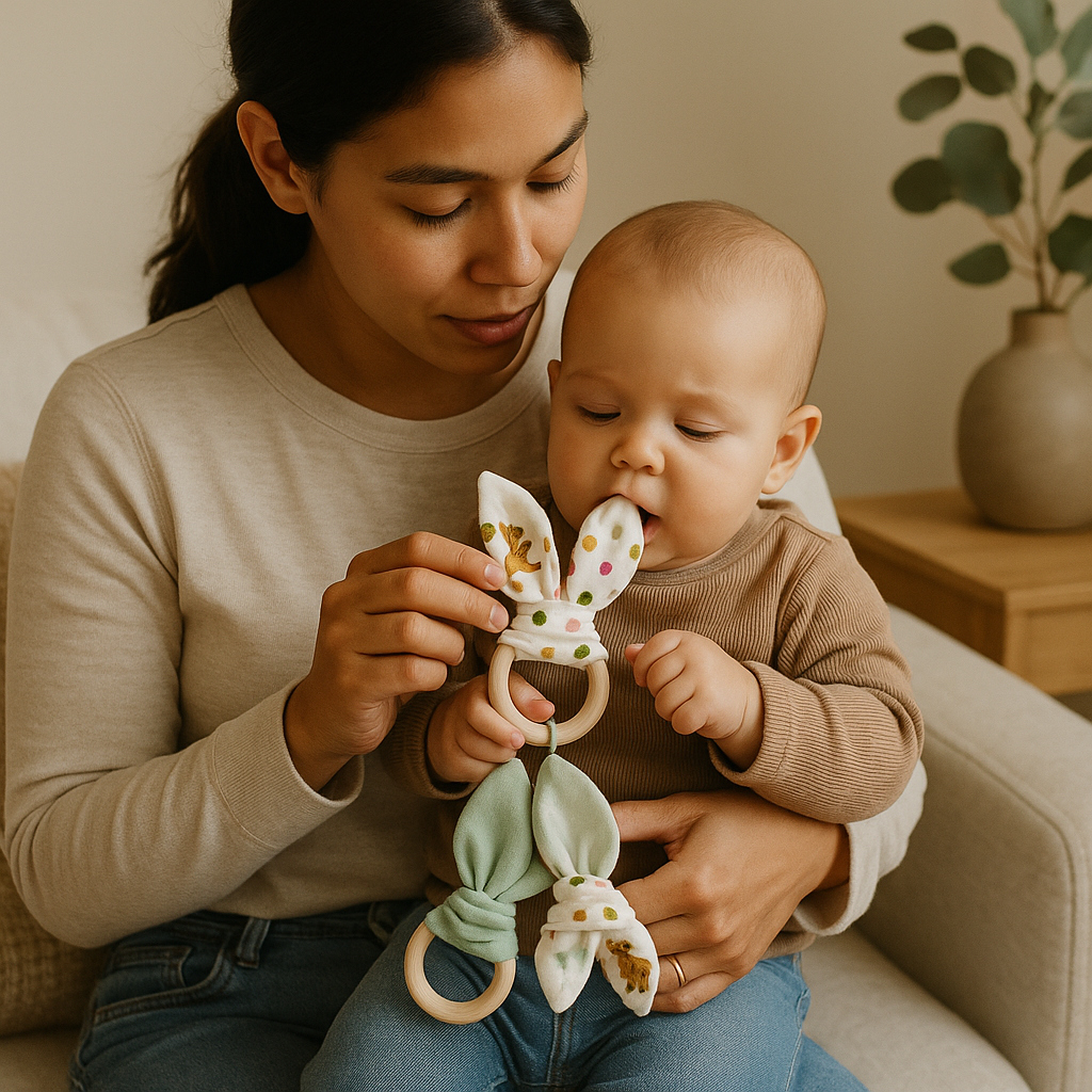 Baby Gift Set – Fabric Bunny Ear Wooden Teether & No-Scratch Cotton Mittens 0–6M - Funky Animals