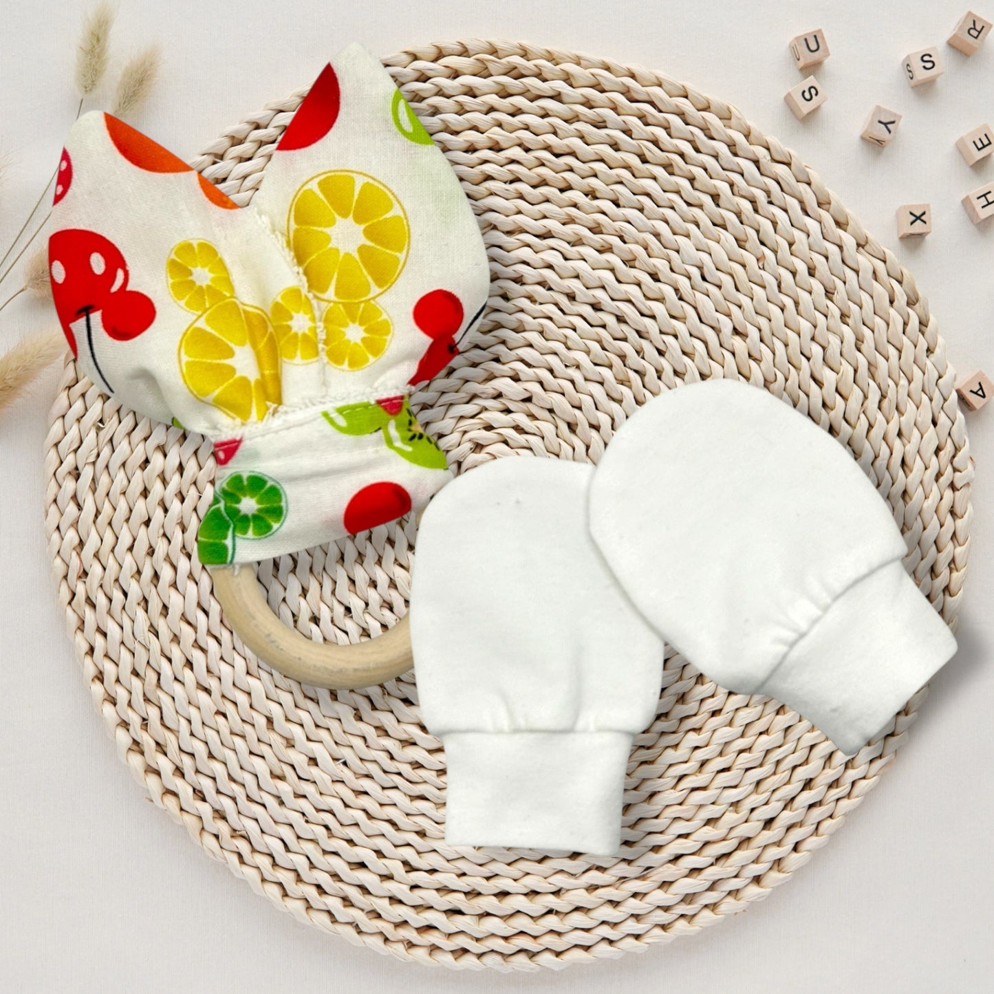 Baby Gift Set – Fabric Bunny Ear Wooden Teether & No-Scratch Cotton Mittens 0–6 Months Cherry