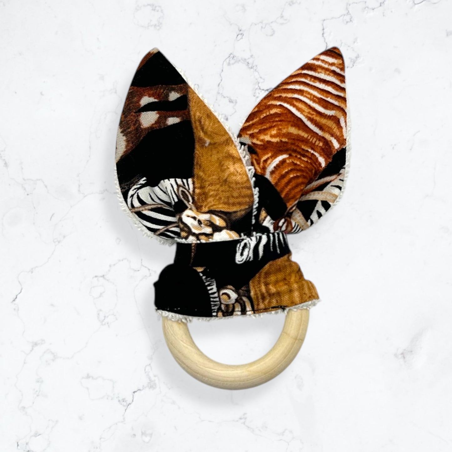 Baby Gift Set – Fabric Bunny Ear Wooden Teether & No-Scratch Cotton Mittens 0–6 Months Safari