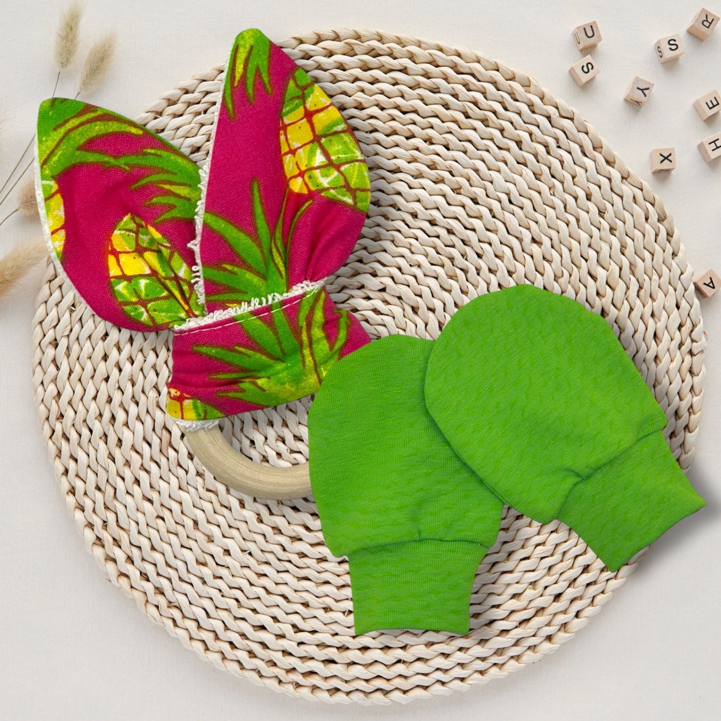 Baby Gift Set – Fabric Bunny Ear Wooden Teether & No-Scratch Cotton Mittens 0–6 Months-Pineapple