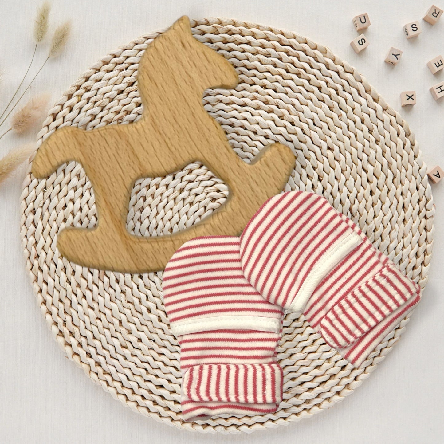 Little Horse Baby Gift Set – Fabric Bunny Ear Wooden Teether & No-Scratch Velcro Mittens 0–6M