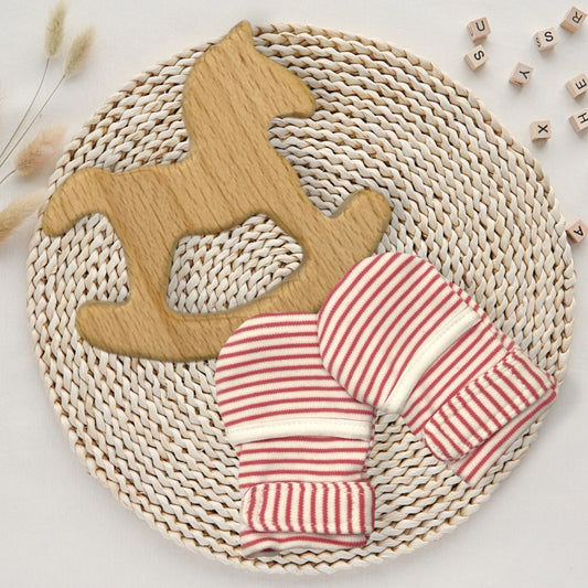 Little Horse Baby Gift Set – Fabric Bunny Ear Wooden Teether & No-Scratch Velcro Mittens 0–6M