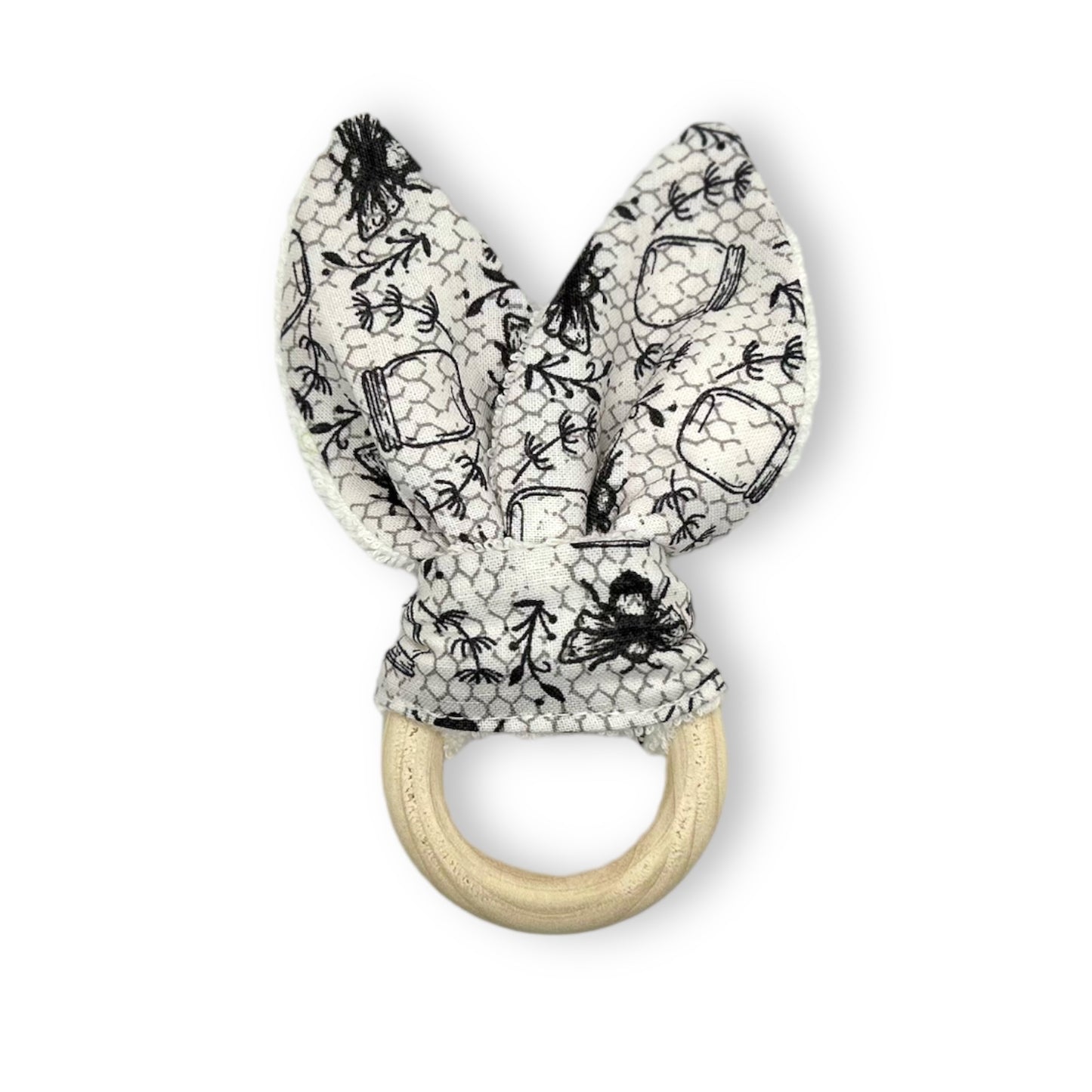 High Contrast Bunny Ears Wooden Ring Teething Toy - Honey Bees