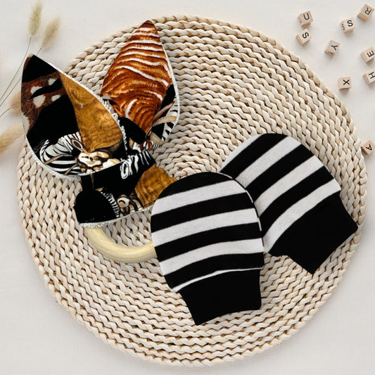 Baby Gift Set – Fabric Bunny Ear Wooden Teether & No-Scratch Cotton Mittens 0–6 Months Safari
