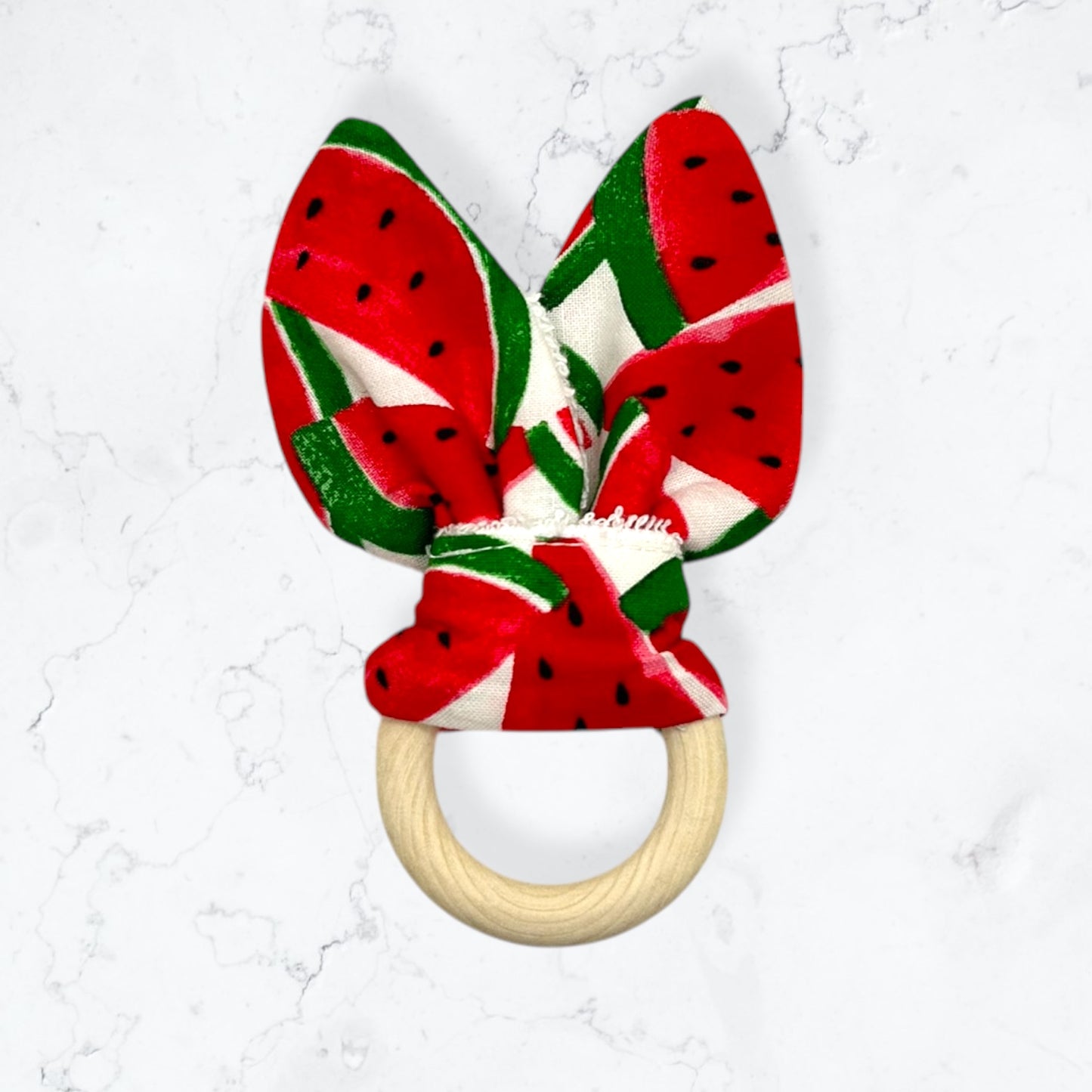 Baby Gift Set – Fabric Bunny Ear Wooden Teether & No-Scratch Cotton Mittens 0–6 Months Watermelon
