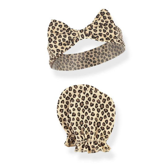 Leopard Print Baby Headband and No Scratch Mittens/Infant Stylish Gift