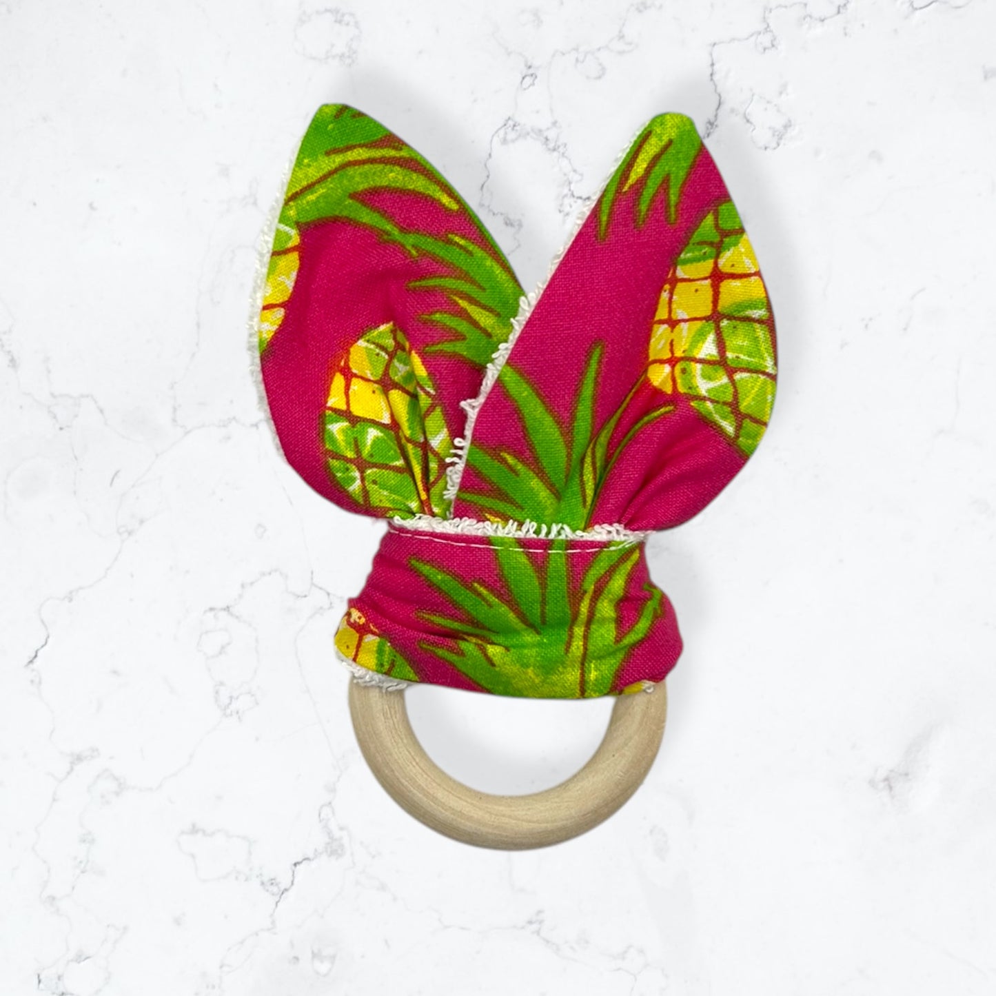 Baby Gift Set – Fabric Bunny Ear Wooden Teether & No-Scratch Cotton Mittens 0–6 Months-Pineapple