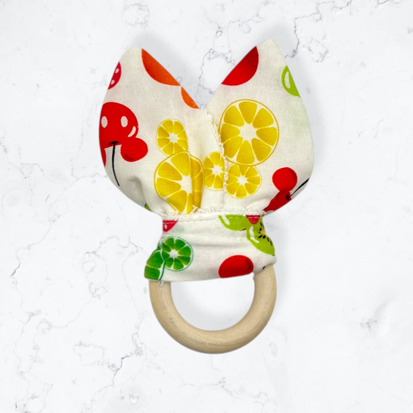 Baby Gift Set – Fabric Bunny Ear Wooden Teether & No-Scratch Cotton Mittens 0–6 Months Cherry