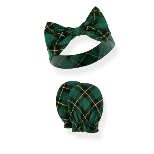 Green Plaid  Baby Headband and No Scratch Mittens/Newborn Christmas Gift