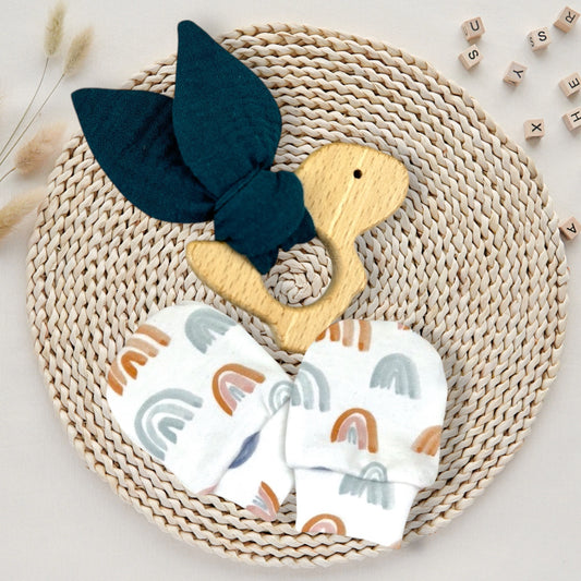 Dinosaur Baby Gift Set – Fabric Bunny Ear Wooden Teether & No-Scratch Rainbow Mittens 0–6M