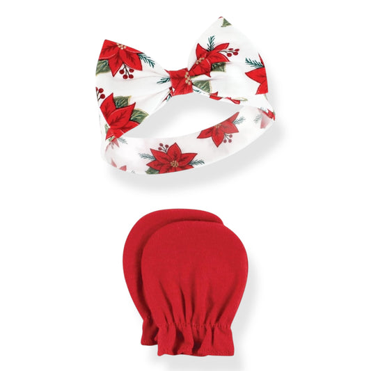 Poinsettia Print Baby Headband and No Scratch Mittens/Newborn Christmas Gift