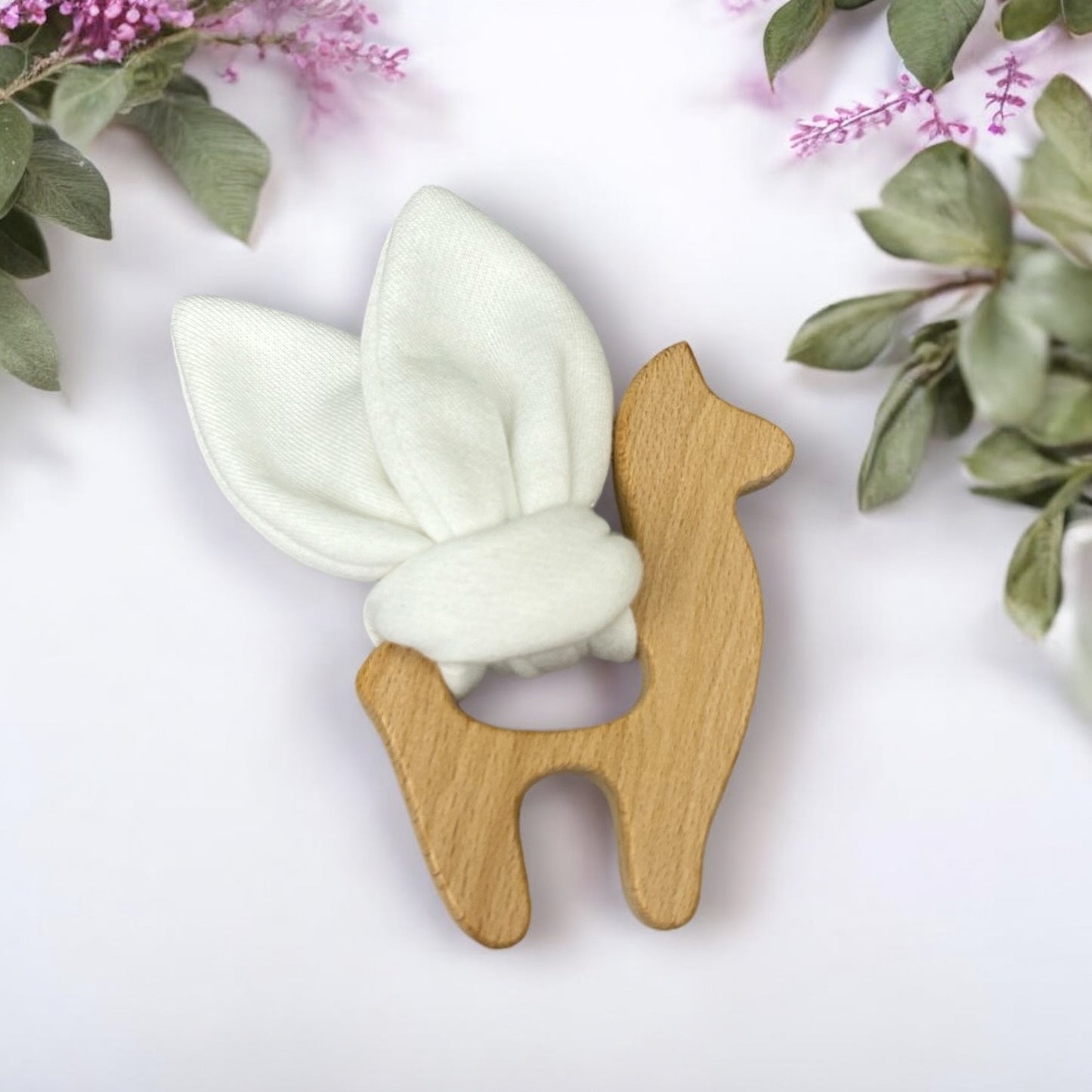 Lama Baby Gift Set – Fabric Bunny Ear Wooden Teether & No-Scratch Cotton Mittens 0–6M