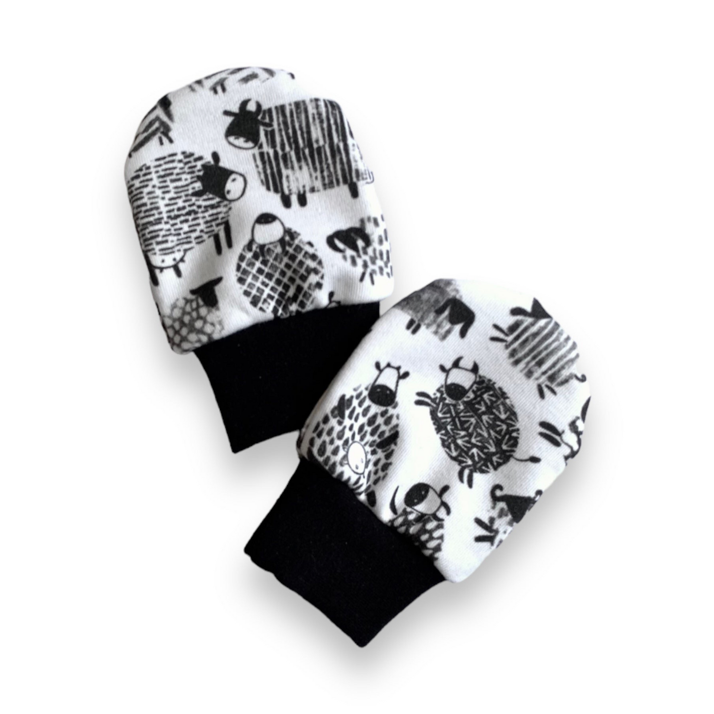 High Contrast Barn Animals Scratch Mittens/Cows and Sheep Black and White Sensory Mittens