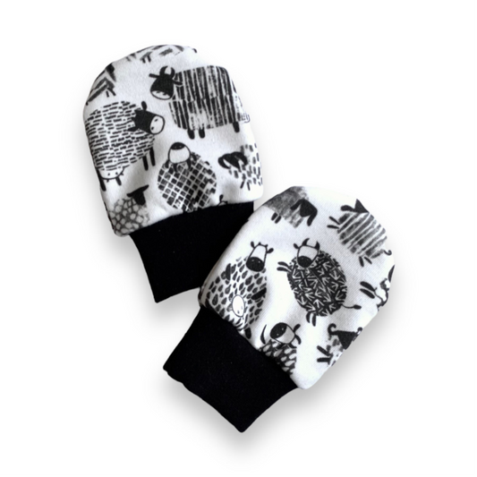 High Contrast Barn Animals Scratch Mittens/Cows and Sheep Black and White Sensory Mittens