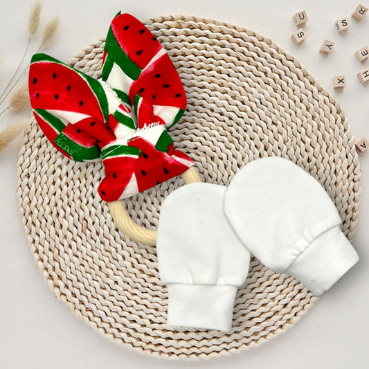 Baby Gift Set – Fabric Bunny Ear Wooden Teether & No-Scratch Cotton Mittens 0–6 Months Watermelon