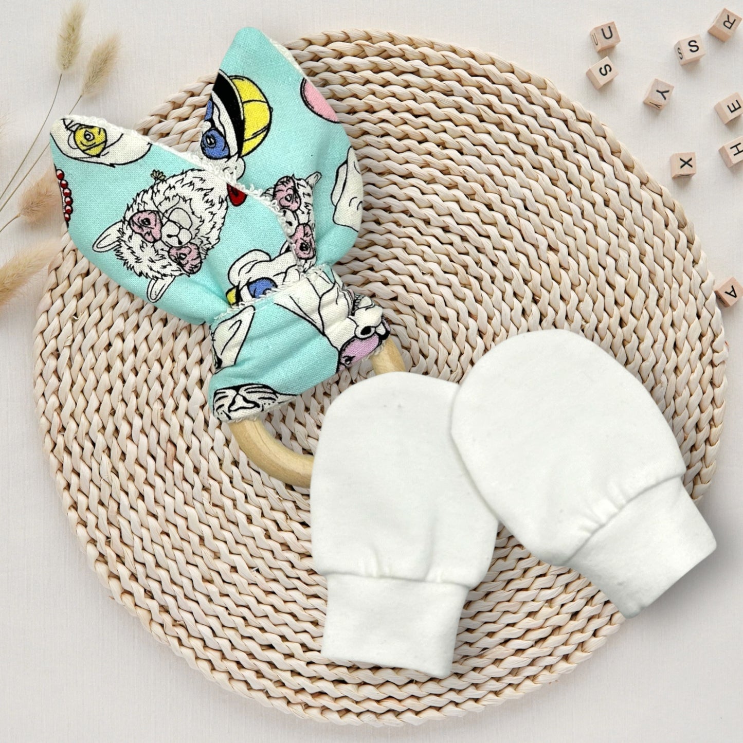 Baby Gift Set – Fabric Bunny Ear Wooden Teether & No-Scratch Cotton Mittens 0–6M - Funky Animals