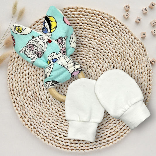 Baby Gift Set – Fabric Bunny Ear Wooden Teether & No-Scratch Cotton Mittens 0–6M - Funky Animals