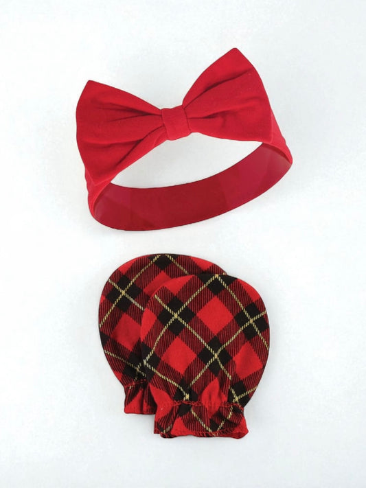 Red Baby Headband and Plaid No Scratch Mittens/ Newborn Holiday Gift